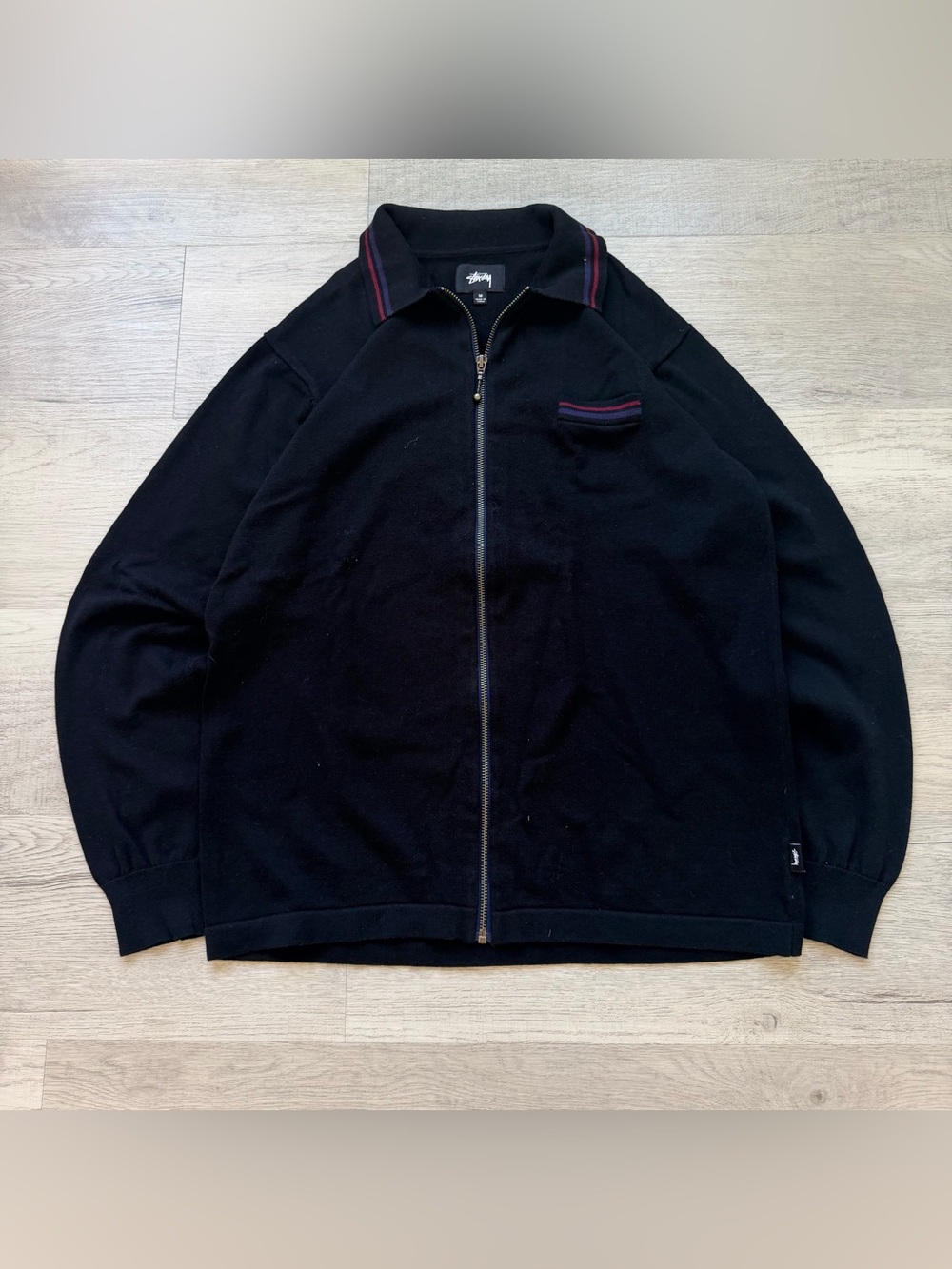 Stussy Black Zip-Up Sweater with Maroon and Navy Trim